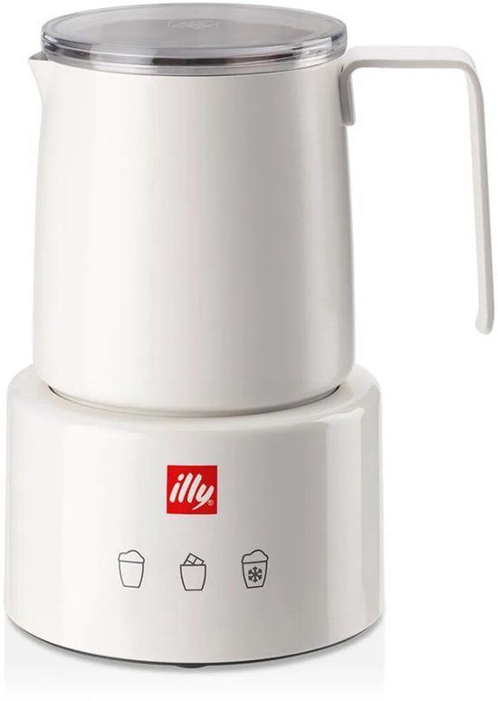 Witte illy elektrische melkopschuimer met transparant deksel en drie functieknoppen.