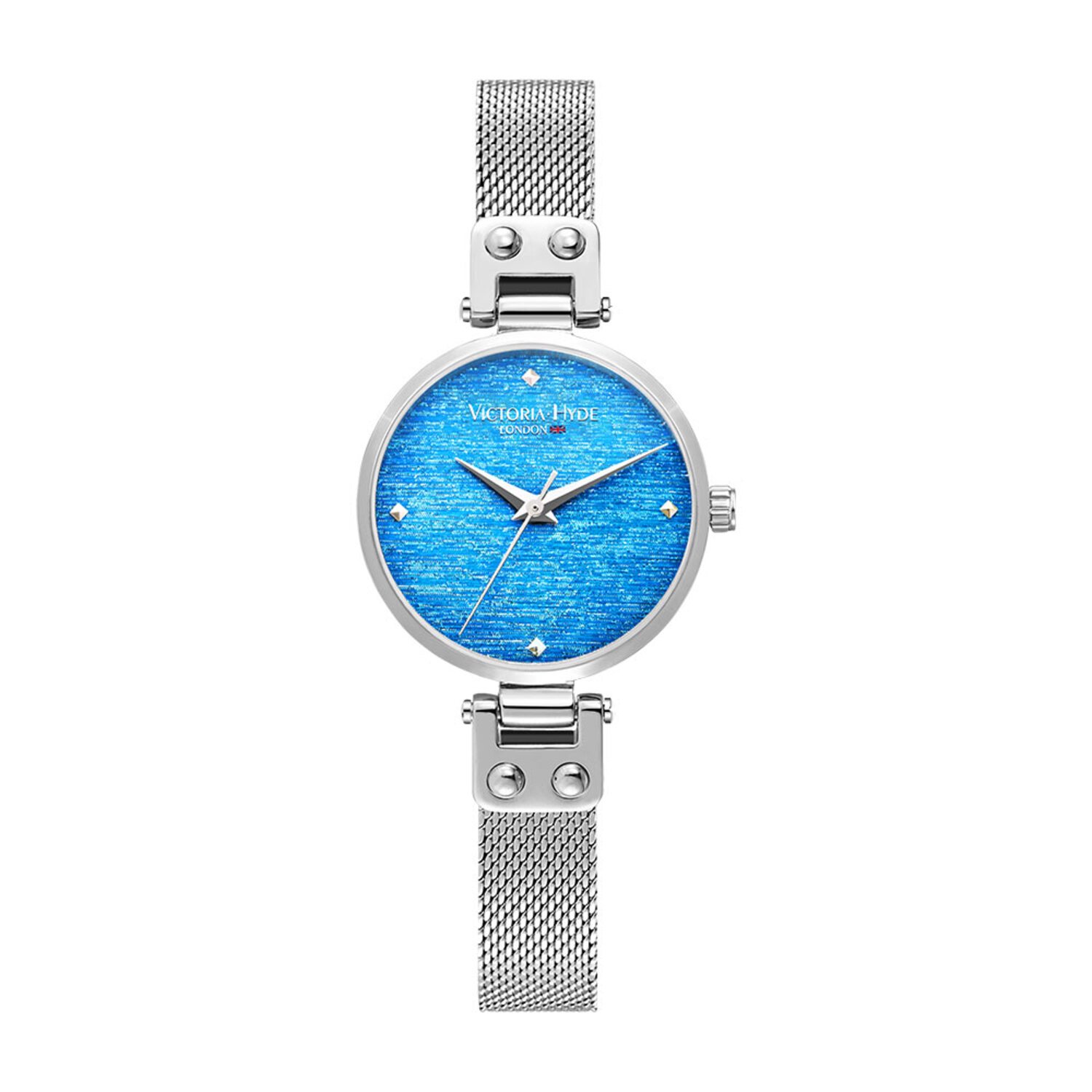 Victoria Hyde "Spark" - Dameshorloge blauw – analoog quartz – mesh band – 28 mm Wit/Zilver - Horloges voor Vrouwen & Meisjes - 3ATM Waterdicht