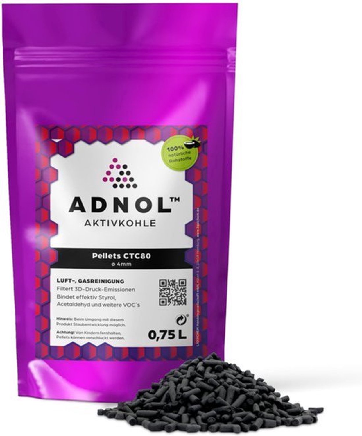 Actieve koolpellets, 0,75 liter, voor luchtfilter, 3D-printer, verbetering van de binnenlucht,, diameter 4 mm, energieklasse A, te gebruiken als koolstoffilter