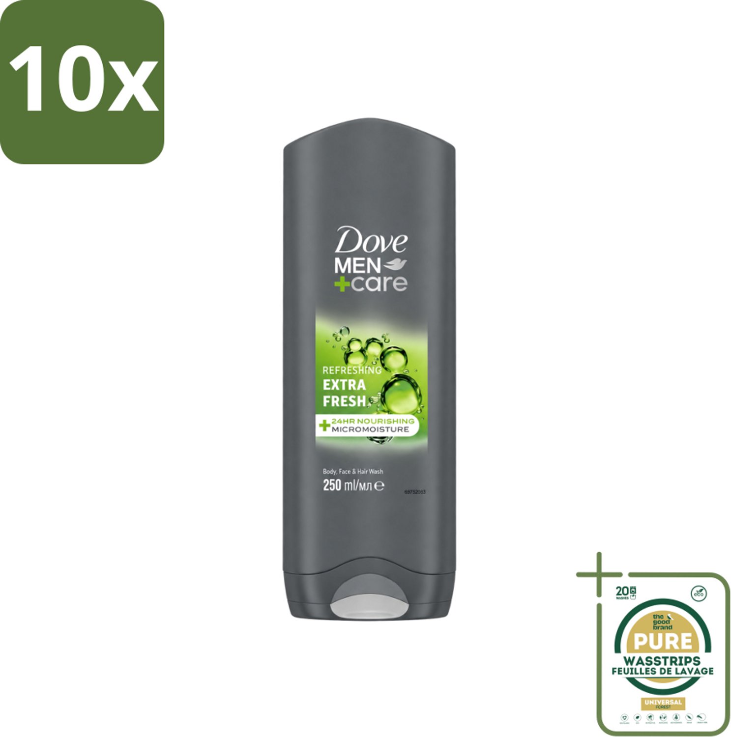 10 x Dove Men+Care Douchegel - Extra Fresh - 250 ml - Wasstrips - Douchegel Mannen - Frisheid Huid - Huid Verzorging - Huid Uitdroging - MICROMOISTURE Technologie