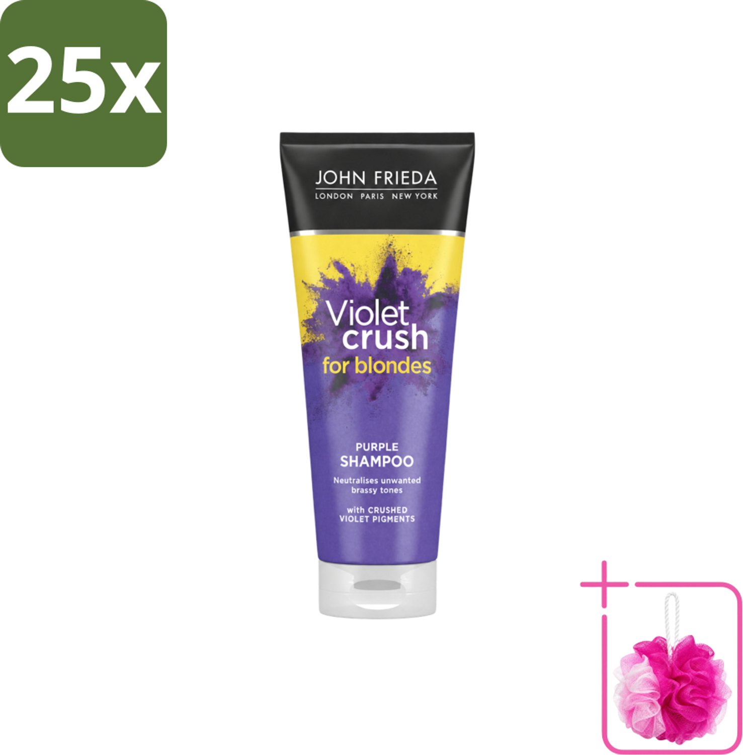 25 x John Frieda – Shampoo – Violet Crush for Blondes – Neutraliseert gele tonen – 250 ml - Bulkverpakking - Zilveren haarschampoo - Douchemop - Gele tint neutraliseren