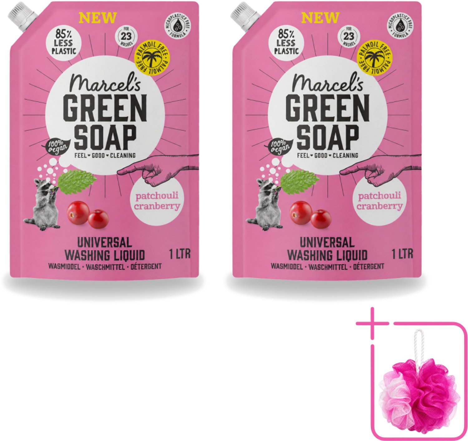 2 x Marcel's Green Soap - Vloeibaar Wasmiddel - Universeel - Navulling - Patchouli & Cranberry - Effectief & natuurlijk - 23 Wasbeurten - 1 liter - Bulkverpakking - Wasmiddel - Douchemop - Natuurlijk wasmiddel