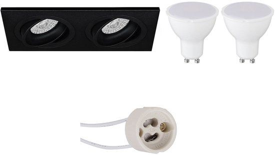 BES LED GU10 Inbouwspot Set - Mat Zwart - Inbouw Rechthoek Dubbel - Kantelbaar - Pragmi Borny Pro - 4W - Warm Wit 3000K - 175 × 92mm