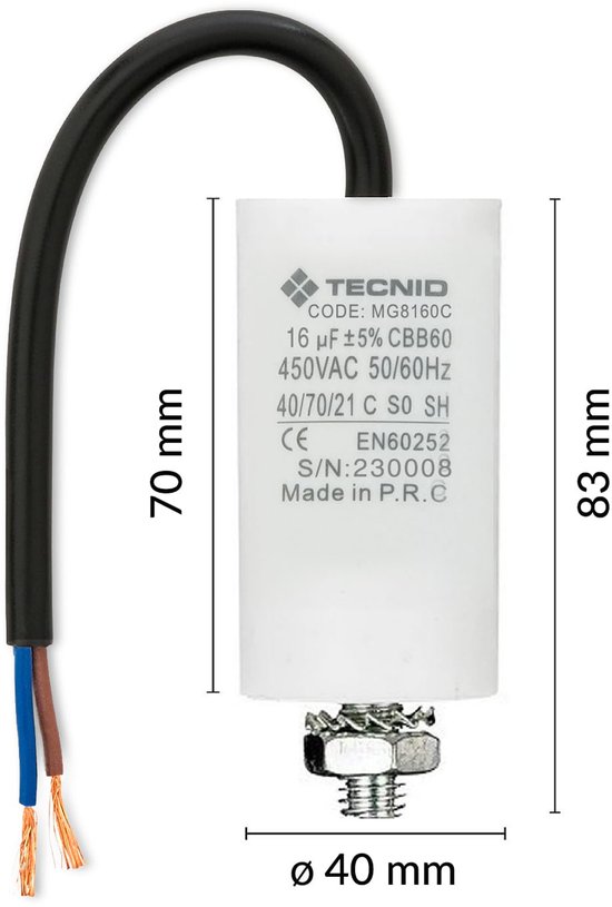 Startcondensator voor elektromotoren, 450V, capaciteit: 16µF, met 15cm kabel — afbeelding 4