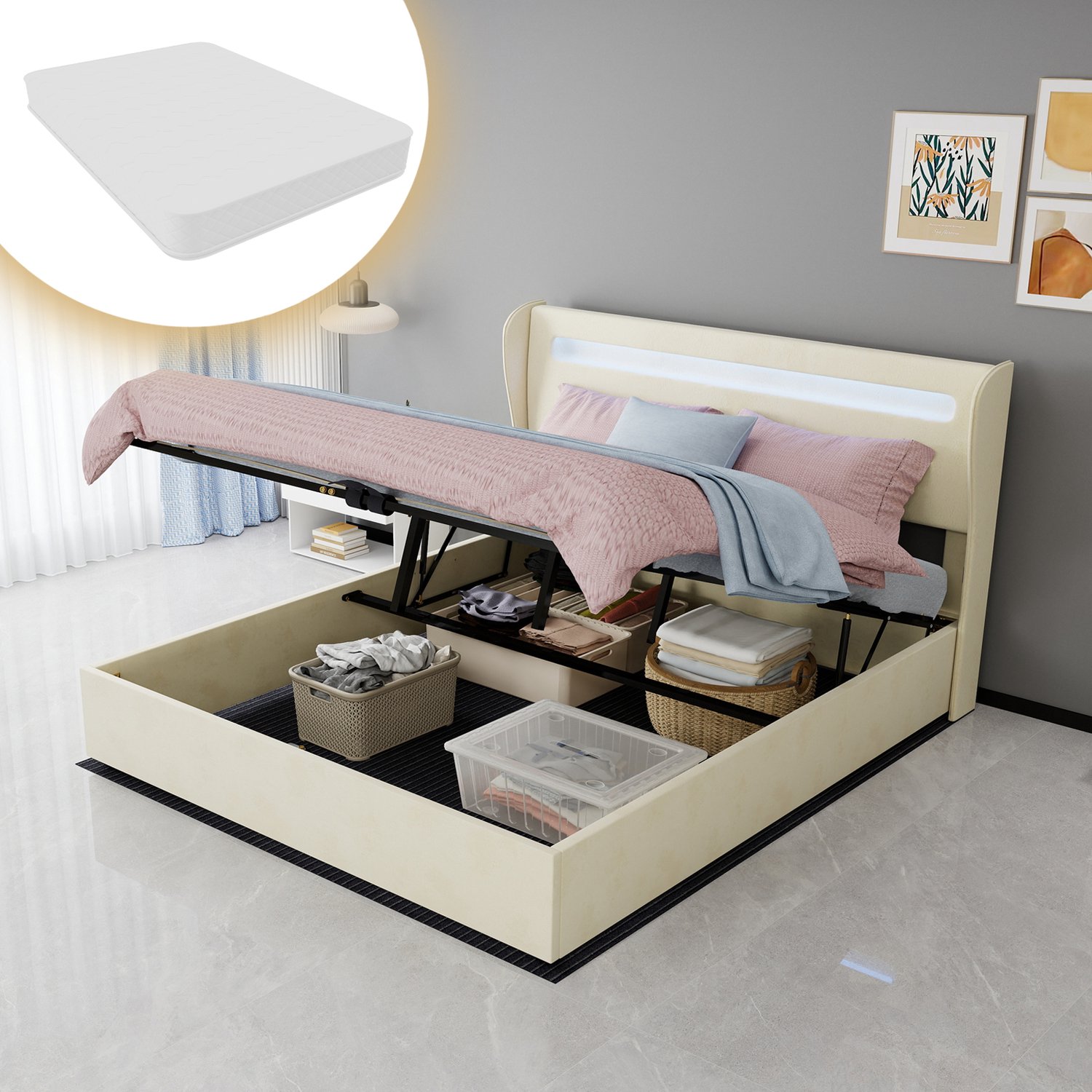WUVRIE Gestoffeerd tweepersoonsbed 160x200 cm - LED en opbergruimte met gasveer - Inclusief matras - Beige