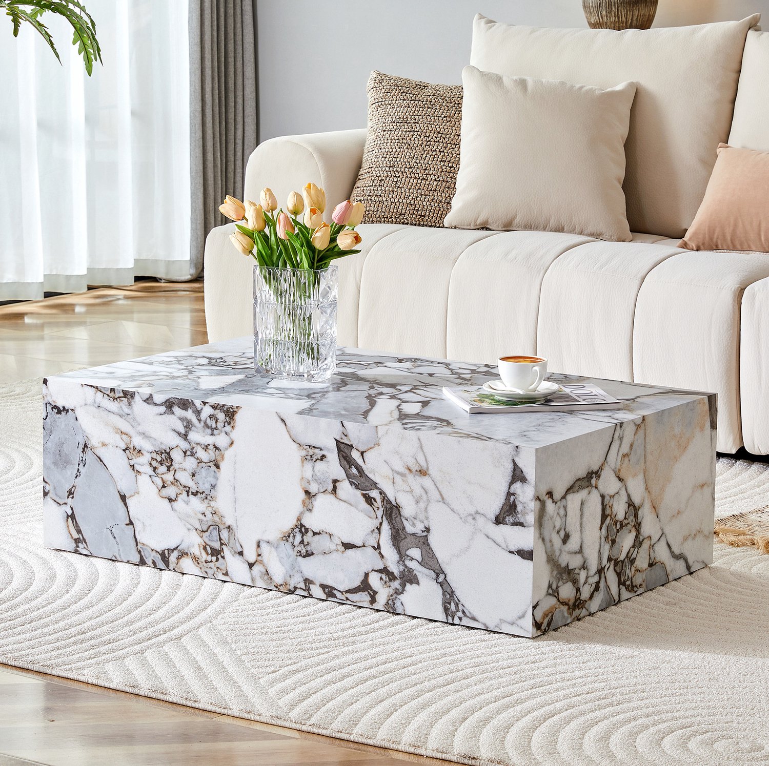 CHICFURN Salontafel 90 cm - Zonder montage - Eendelig ontwerp - Wit met marmerlook Wit met grijze marmerlook