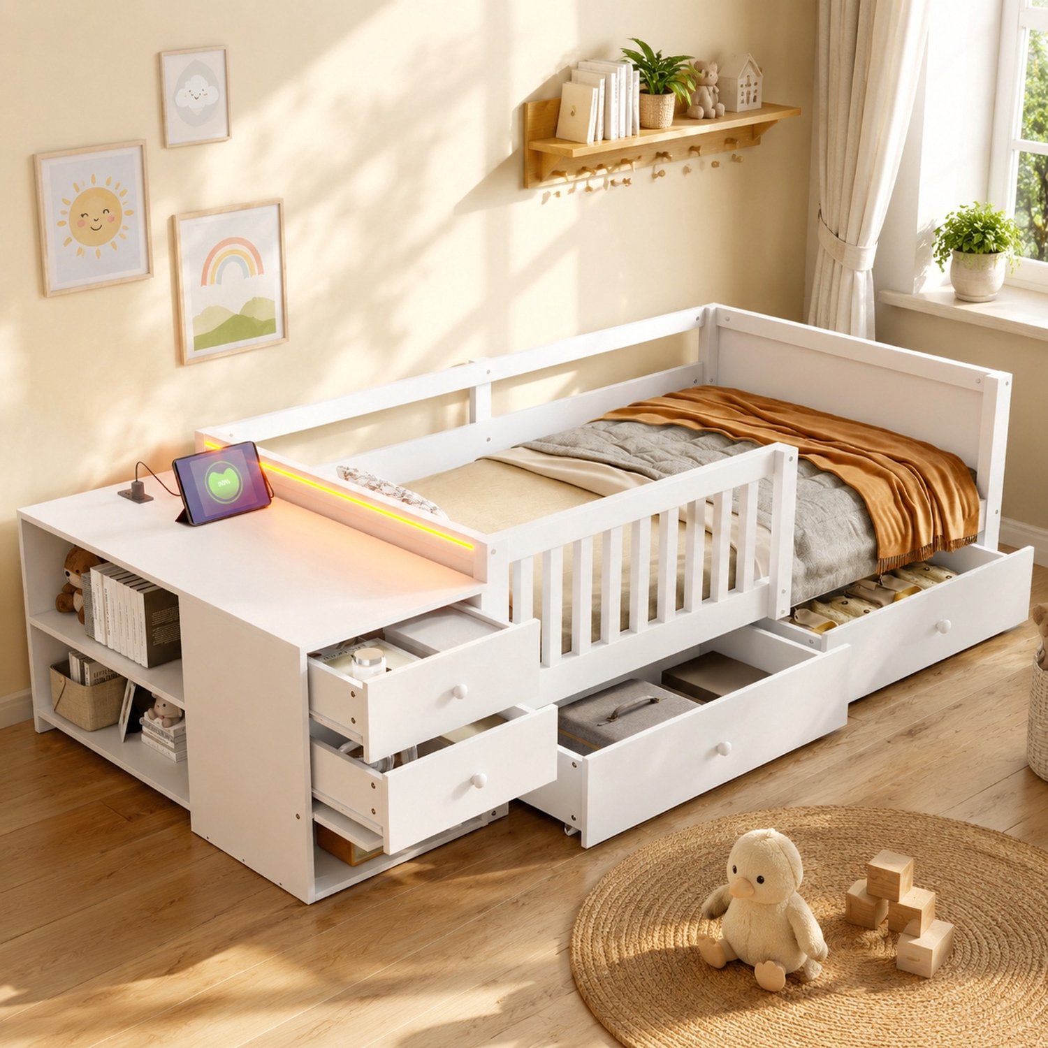 Wishdor Kinderbed 90x200 cm - Hoogslaper met losse opbergmodule - Twee lades onder het bed en open vakken - Stopcontact en LED-verlichting - Halfo p en uitvalbeveiliging - Metaal en MDF - Wit