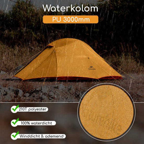 Naturehike Cloud Up 3 BASE – 3 persoons lichtgewicht tent – Waterdichte kampeertent – 210T 3000MM – Inclusief grondzeil – Outdoor trekking koepeltent – Oranje — afbeelding 4