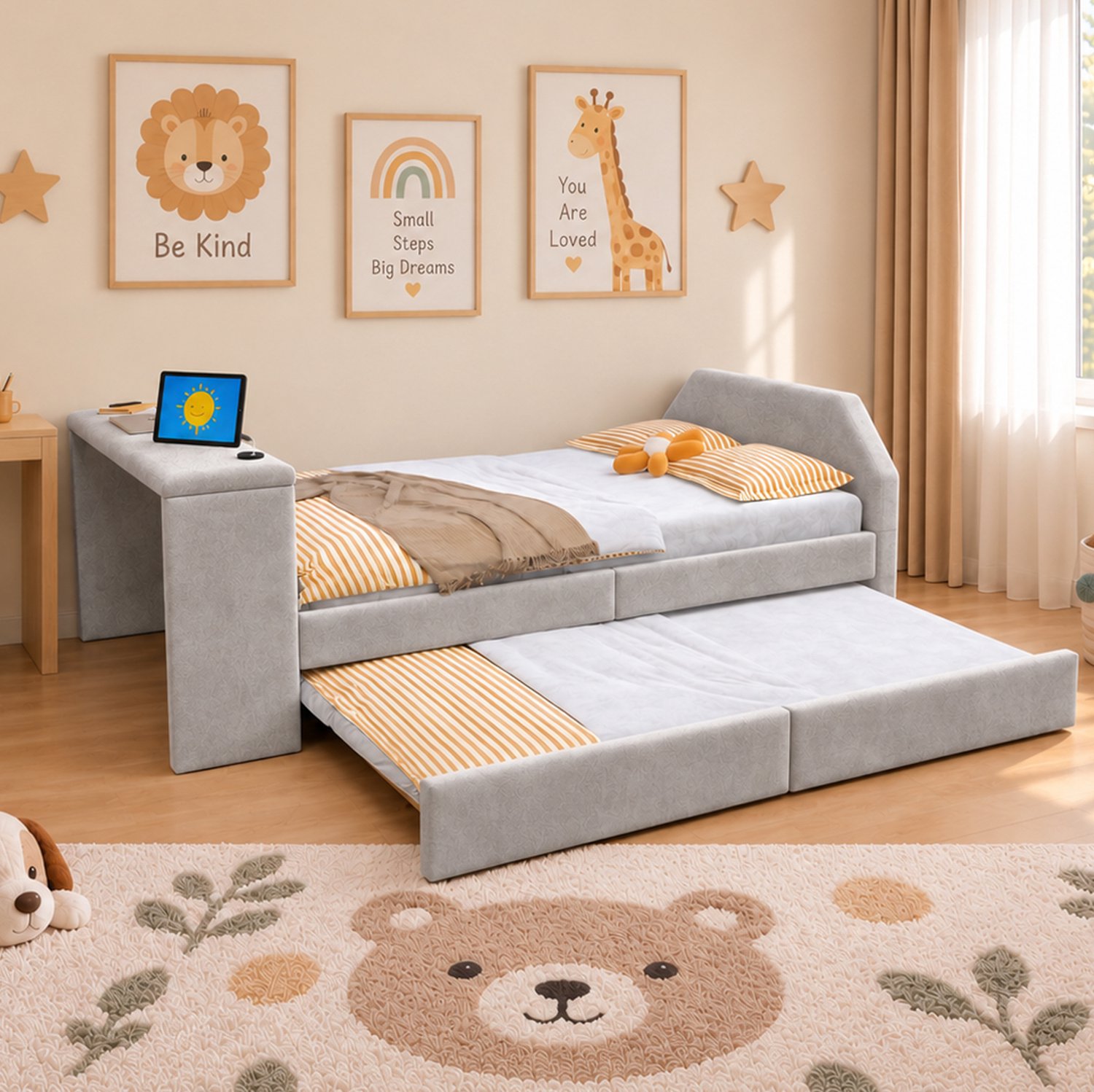Wishdor Kinderbed 90x200 cm - Gestoffeerd met bureau en USB-aansluiting - Uitschuifbaar logeerbed en lattenbodem - Modern voor kinder- en tienerkamer - Stof in fluweellook - Grijs