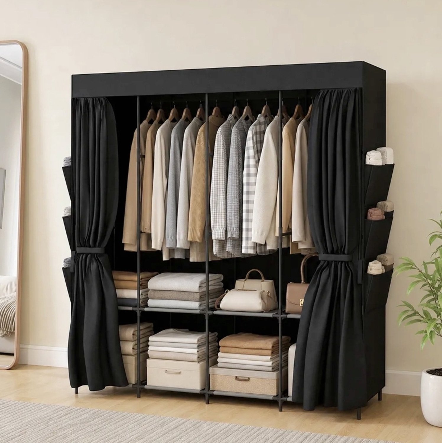 CHICFURN Kledingkast 170 cm - 5 kledingstangen - 4 legplanken - Zwart