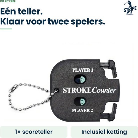 Zwarte Stroke Counter met metalen ketting, geschikt voor twee spelers.