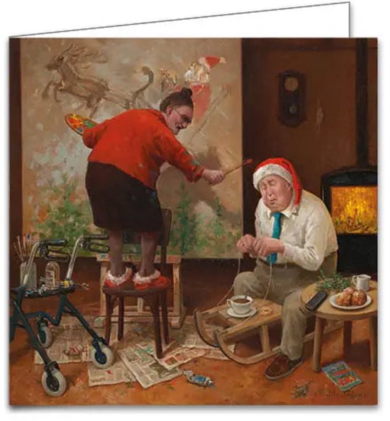 Kerstkaart van Marius van Dokkum met een vrouw op een krukje die een slee schildert naast een man met een kerstmuts.