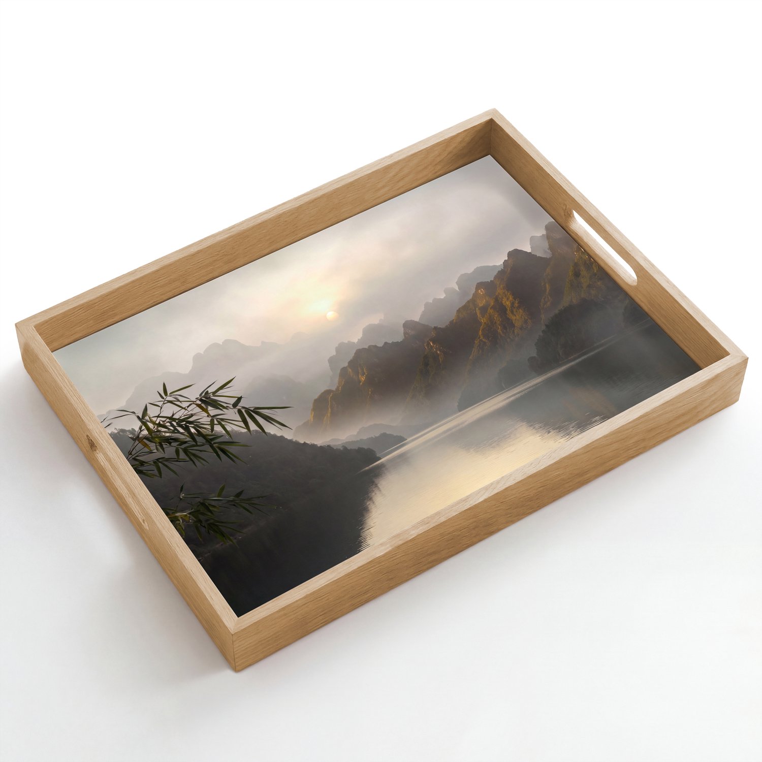 Dienblad hout 50x35 cm - Schootdienblad - Bergen - Water - Mist - Natuur - Landschap - Borrelplank rechthoek - Plateau dienbladen