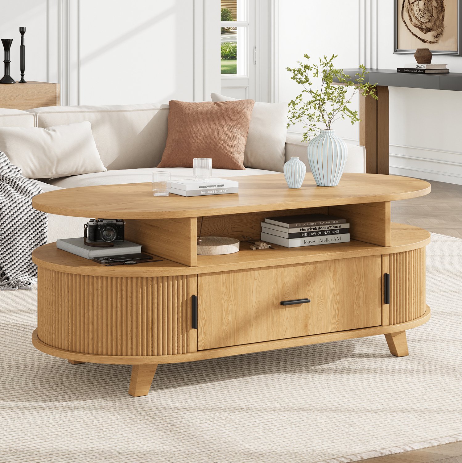 CHICFURN Salontafel 100 cm - Met opbergruimte - 1 lade en 2 roldeuren - Naturel Natuurlijke houtkleur