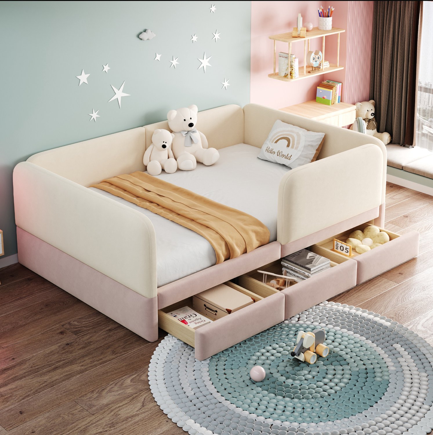 Wishdor Kinderbed 140x200 cm - Zachte bedrand rondom en afgeronde hoeken - Drie opberglades onder het bed - Modern Scandinavisch - Kinderkamer - Fluweel MDF metaal - Beige en roze