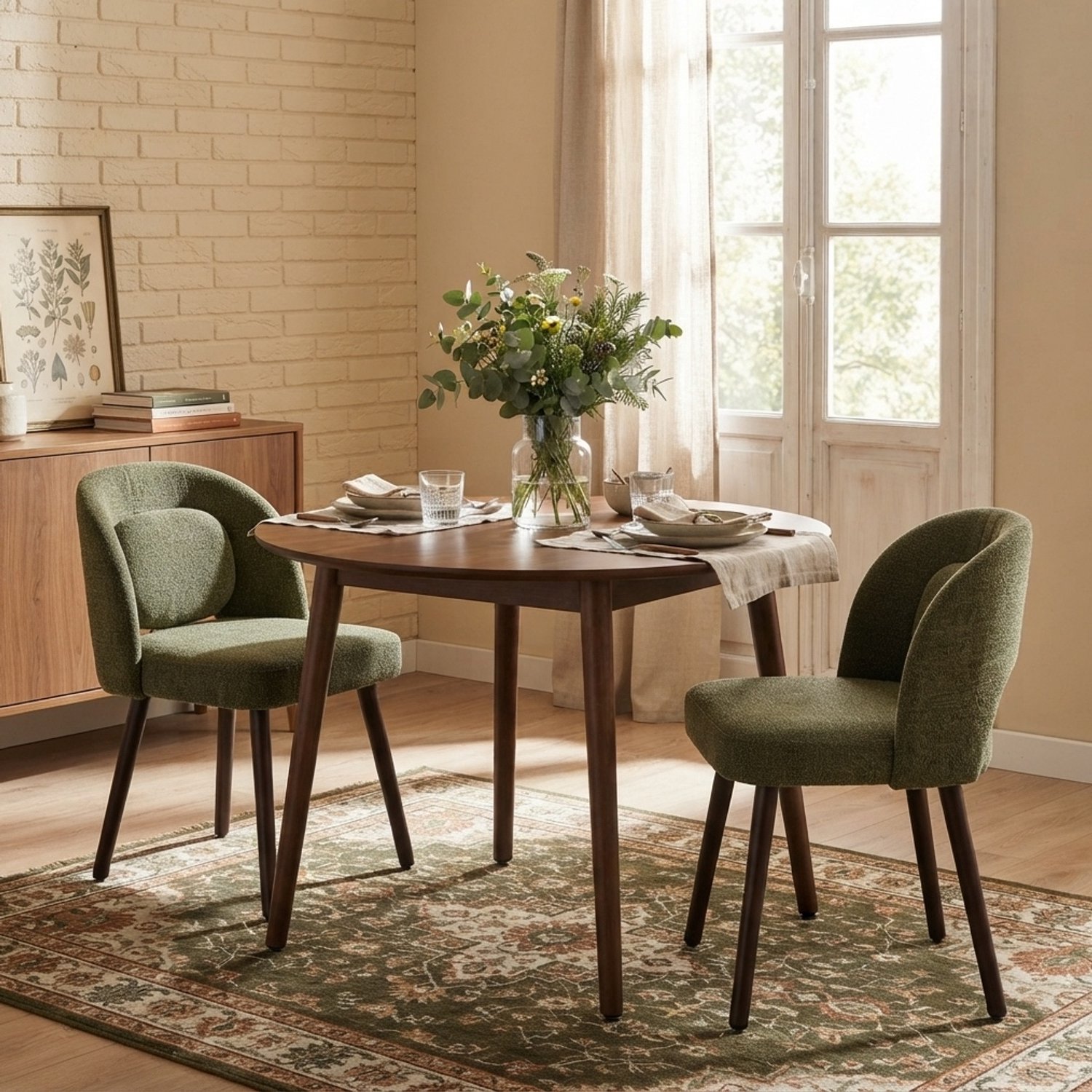 CHICFURN Eetkamerstoel set van 2 - Met lendensteun - Houten poten - Donkergroen