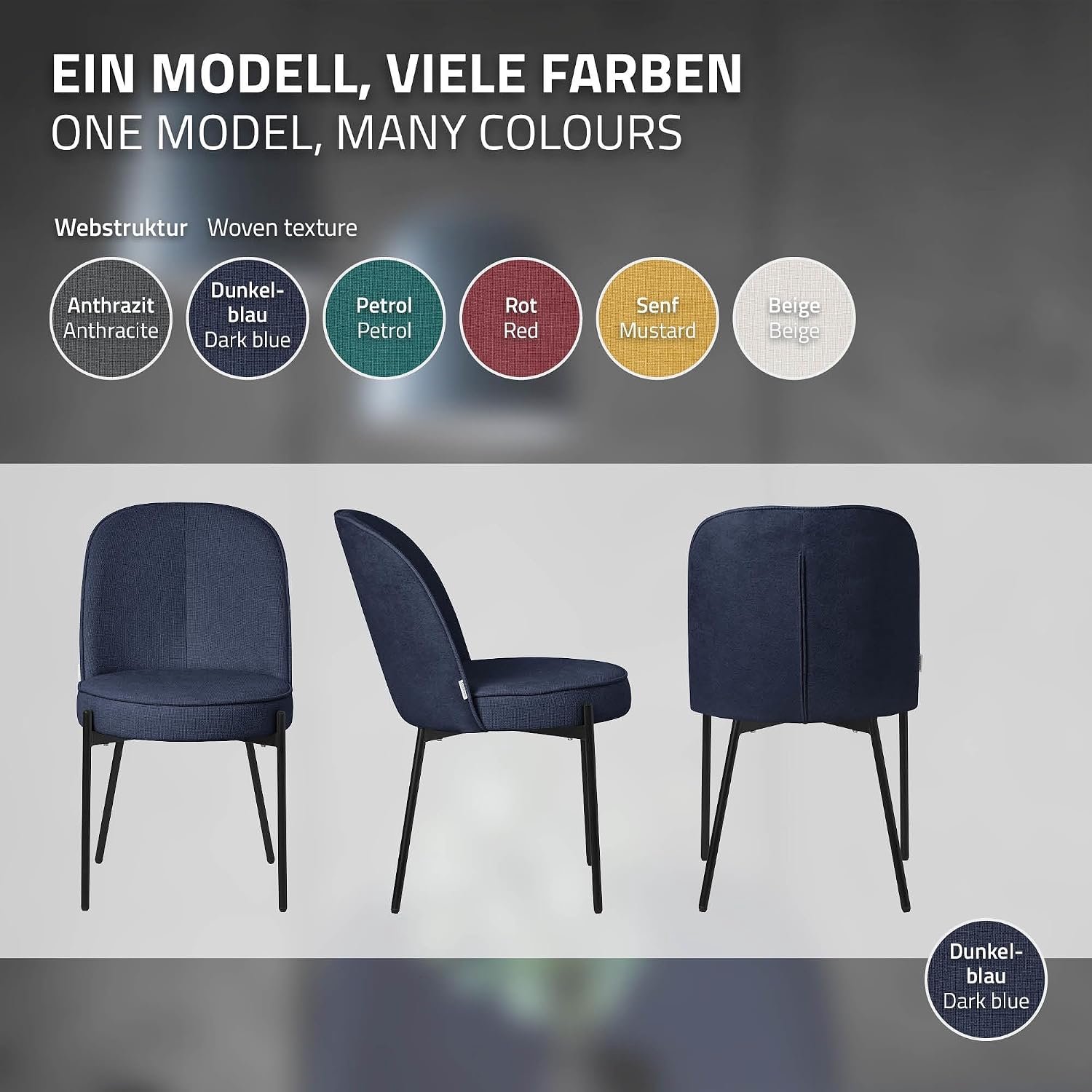 Ronde Eetkamerstoelen Set van 2 Donkerblauw – Gestoffeerde Keukenstoelen met Zachte Polyester Bekleding, Ergonomische Rugleuning, Comfortabele Zitting, Stevig Zwart Metaal Frame en Verstelbare Vloerbeschermers, 63 x 50 x 83 cm