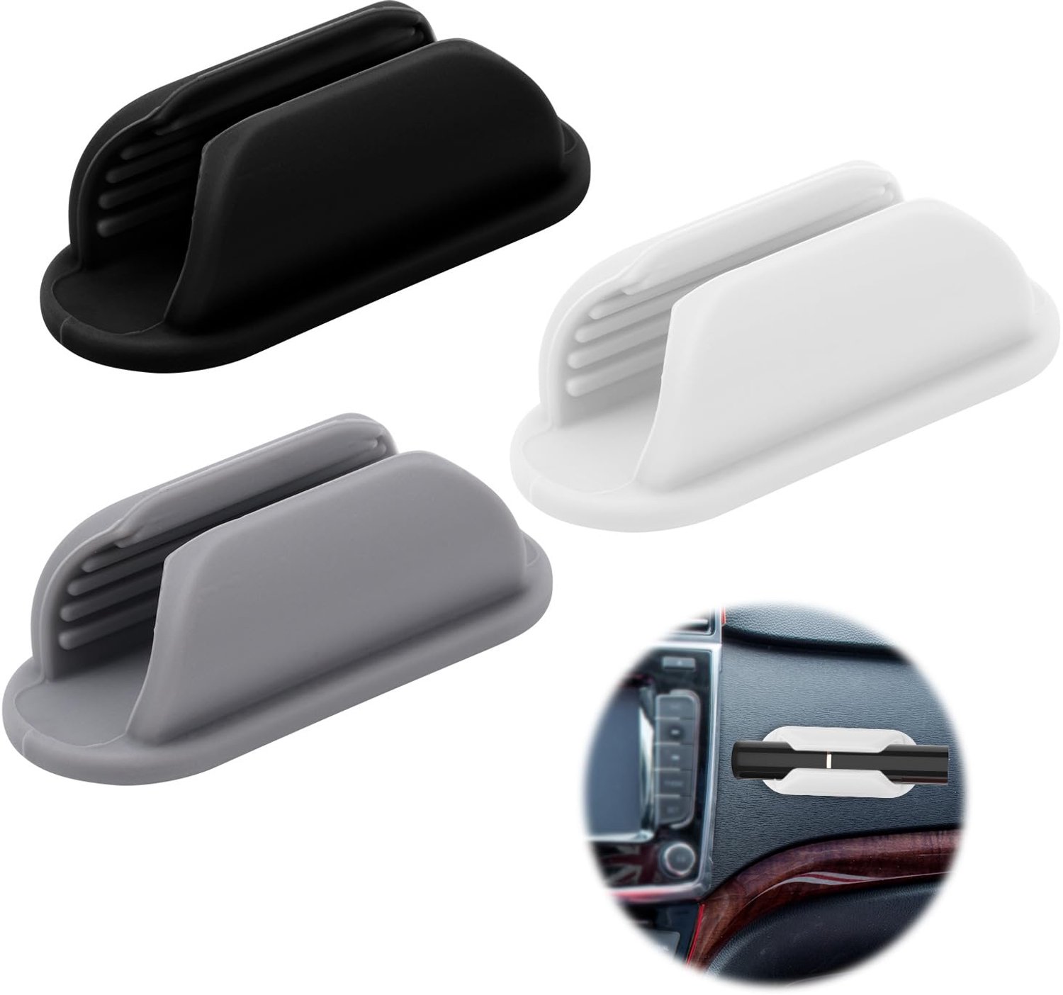 Set van 3 Siliconen Lippenbalsemhouders voor Auto, Wit, Zwart en Grijs