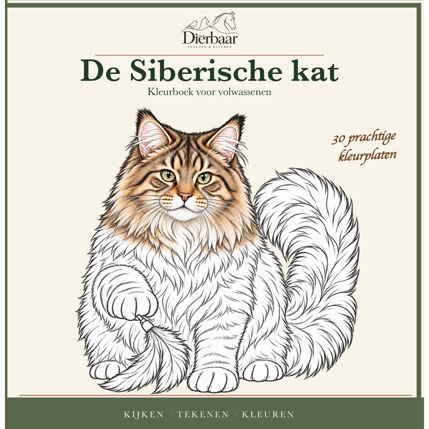 Cover van het kleurboek 'De Siberische kat' voor volwassenen, met een tekening van een kat met een speelhengeltje.