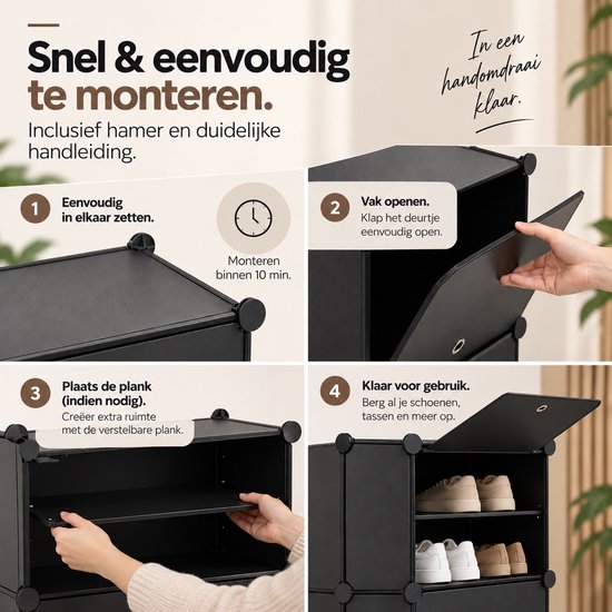 Vier stappen voor montage: in elkaar zetten, deurtje openen, plank plaatsen en vullen met schoenen.