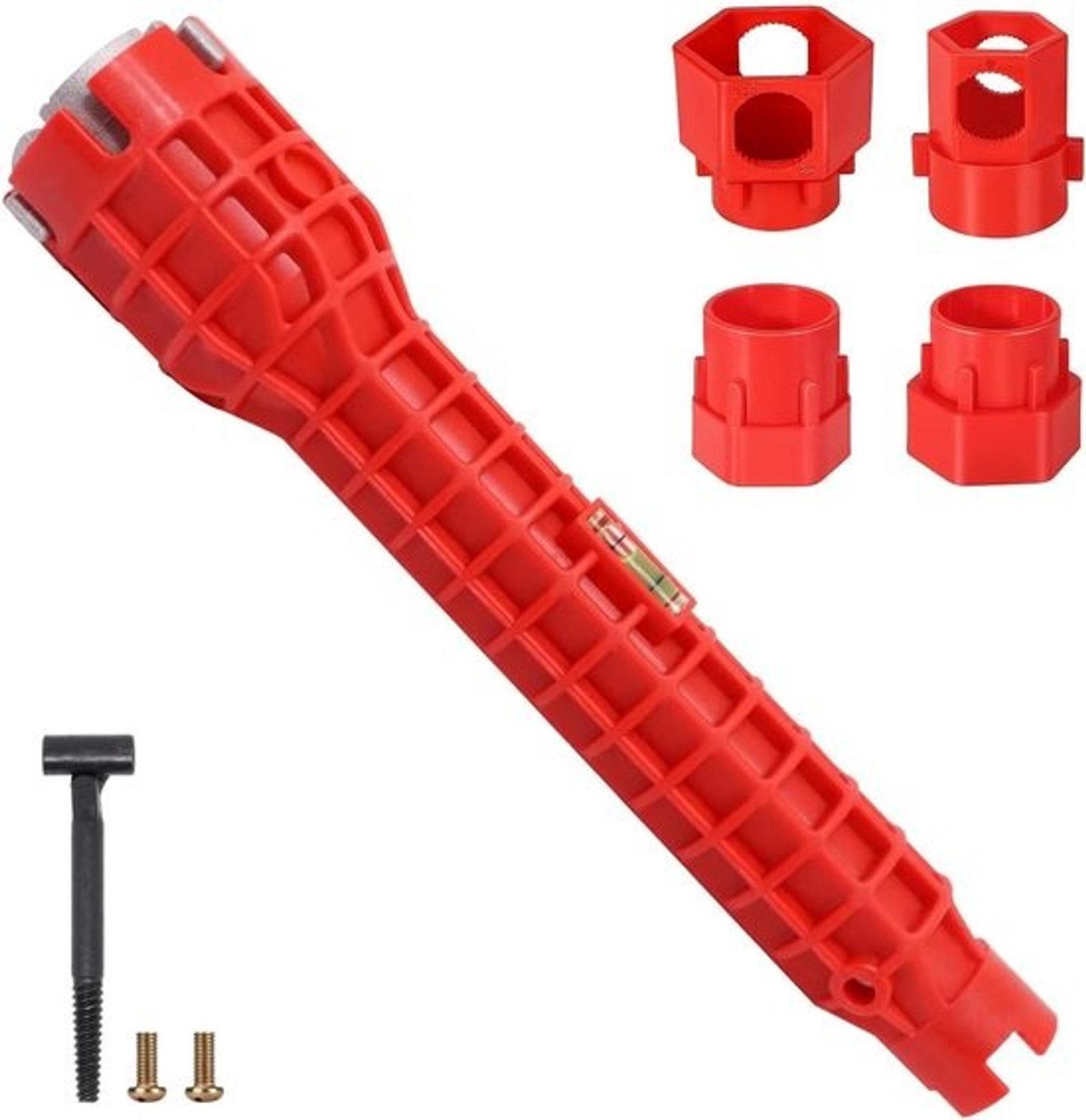 Multifunctionele wastafelsleutel - installatiegereedschap met mini-waterpas - rood - voor kranen en spoelbakken