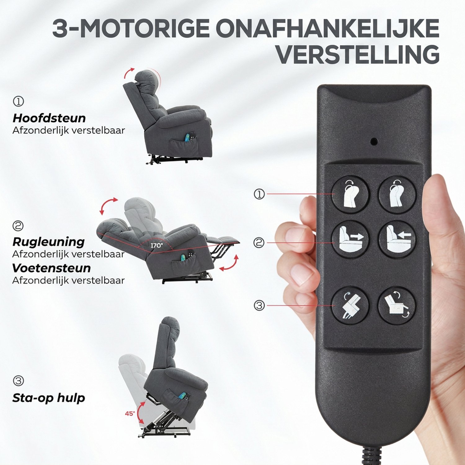 HOMCOM Sta-op Fauteuil Elektrisch - Relaxfauteuil met Massage - Opsta Stoel - Donkergrijs – foto 8