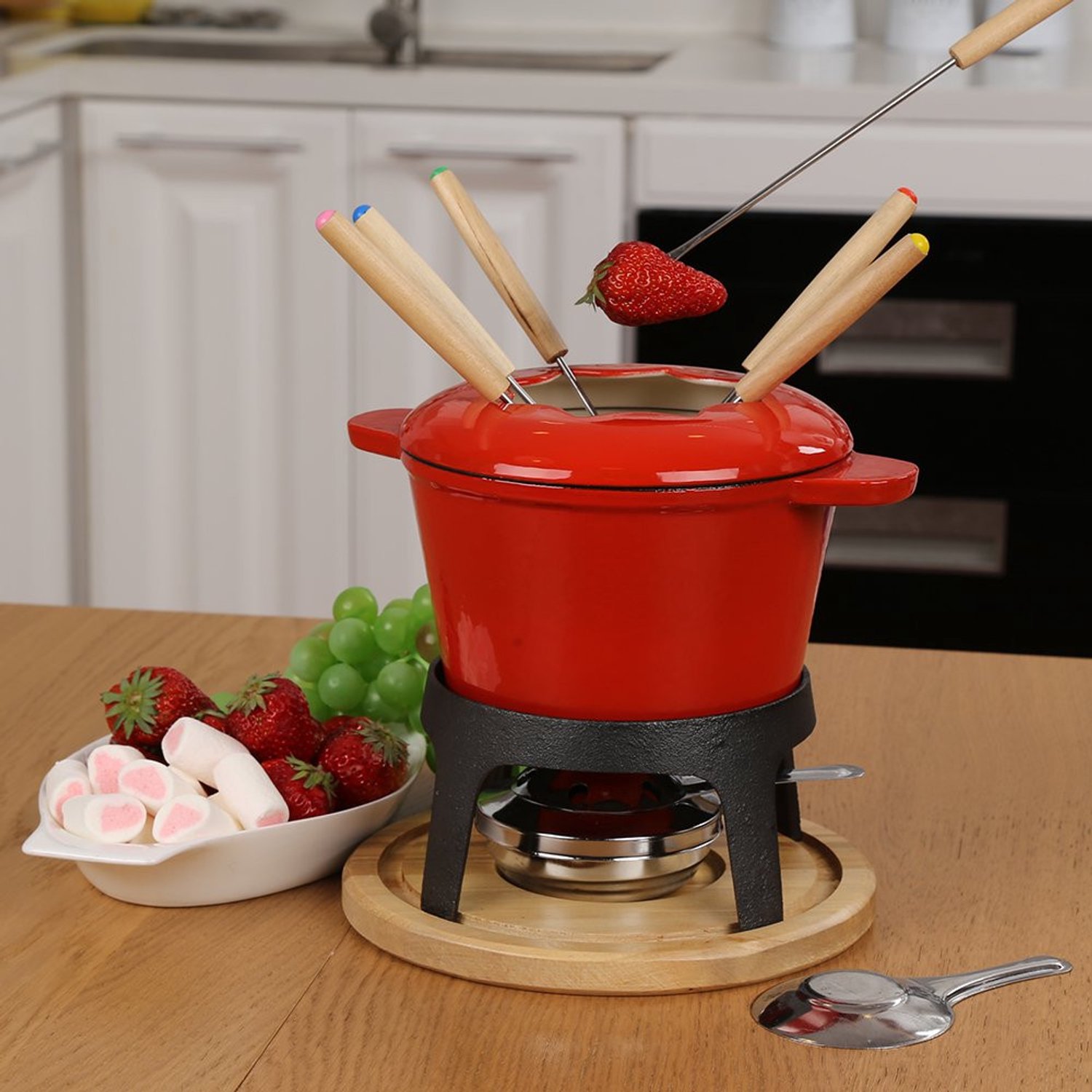 Kaasfondueset Chocolade fondueset Fondue Set Kaasfondue met warmer Gietijzer met 6 Fonduevorken en Brander Geschikt Voor Kaas,Chocolades en Fruit (Rood o2) – foto 7