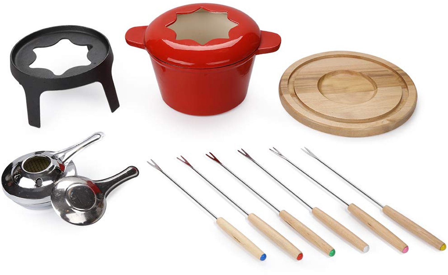 Kaasfondueset Chocolade fondueset Fondue Set Kaasfondue met warmer Gietijzer met 6 Fonduevorken en Brander Geschikt Voor Kaas,Chocolades en Fruit (Rood o2) – foto 3