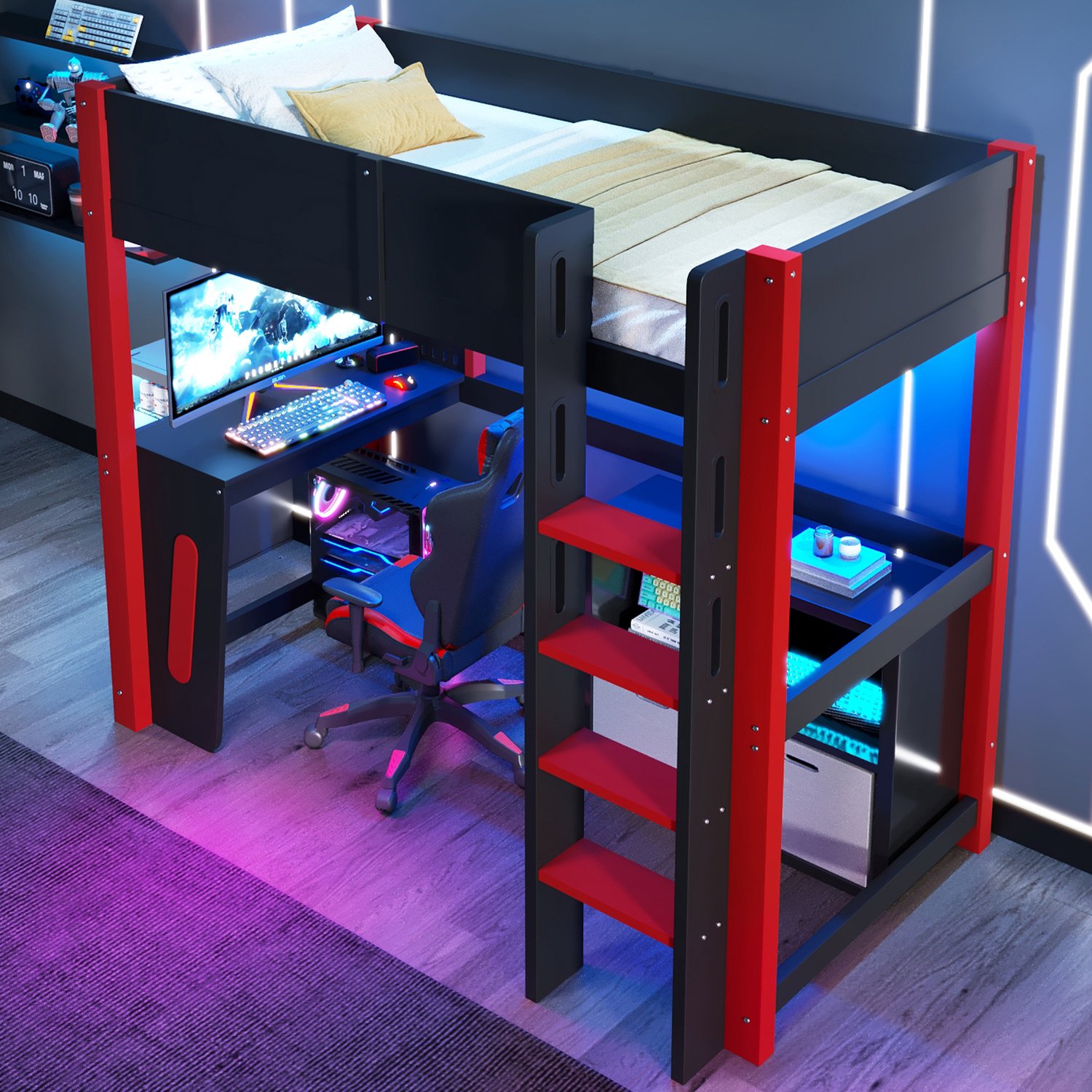STILVORA Hoogslaper 90 x 200 cm – Met Bureau en Lichtstrook – Met Ladder en Hekken – Voor Kinderkamer – Hout en MDF – Zonder Matras – Zwart
