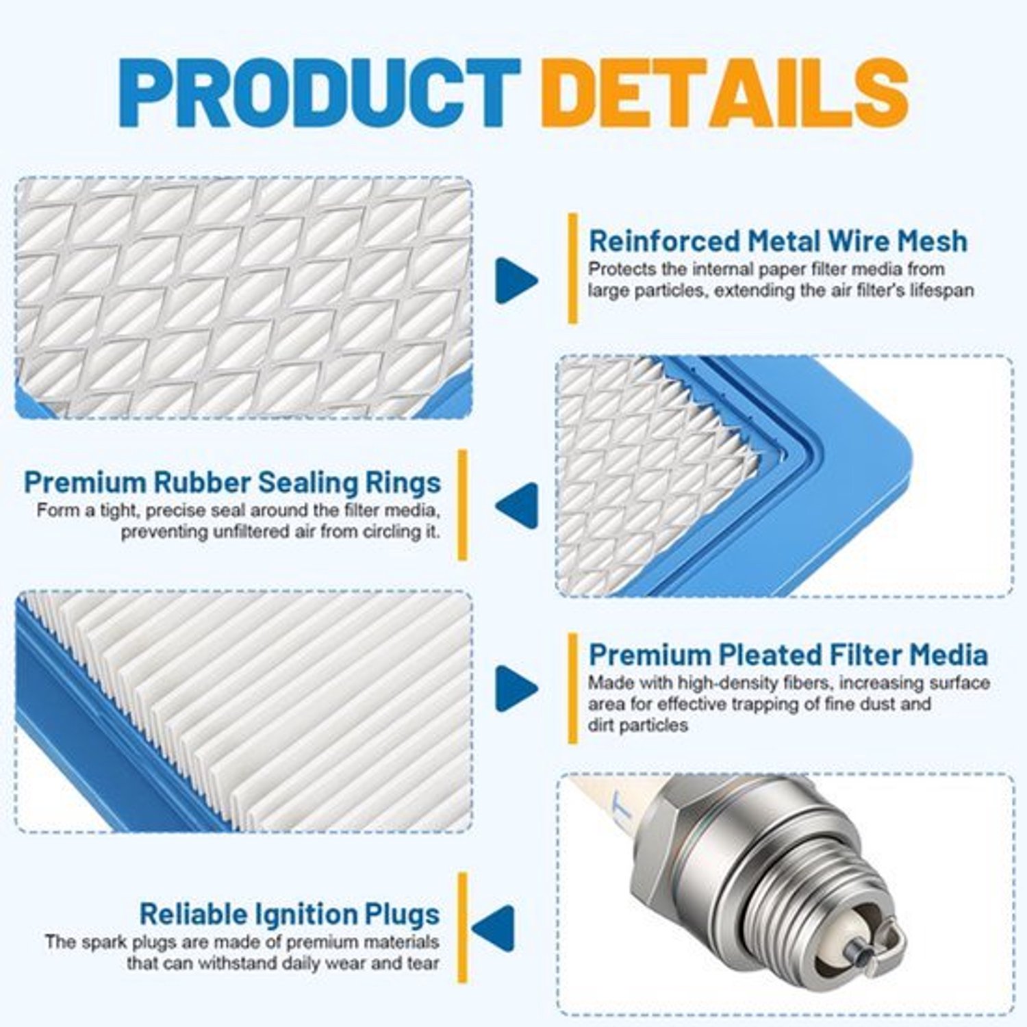 Luchtfilter en bougie voor grasmaaiers met 625 650 675 motoren, vervangingsset voor filters 491588 399959, onderhoud voor motoren 3,5 tot 6,5 pk