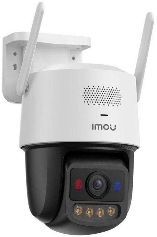 Imou Titan Pro bewakingscamera in wit en zwart, voorzien van twee antennes en rode en blauwe sensoren aan de voorzijde.