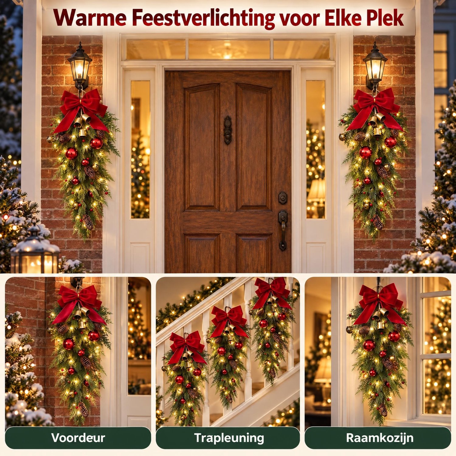 Premium Kerstslinger met LED( 60 cm) – Kerstguirlande – PE Kerstdecoratie – Rode Strik, Dennenappels & Belletjes - Kerstversiering voor trap / deur – foto 4