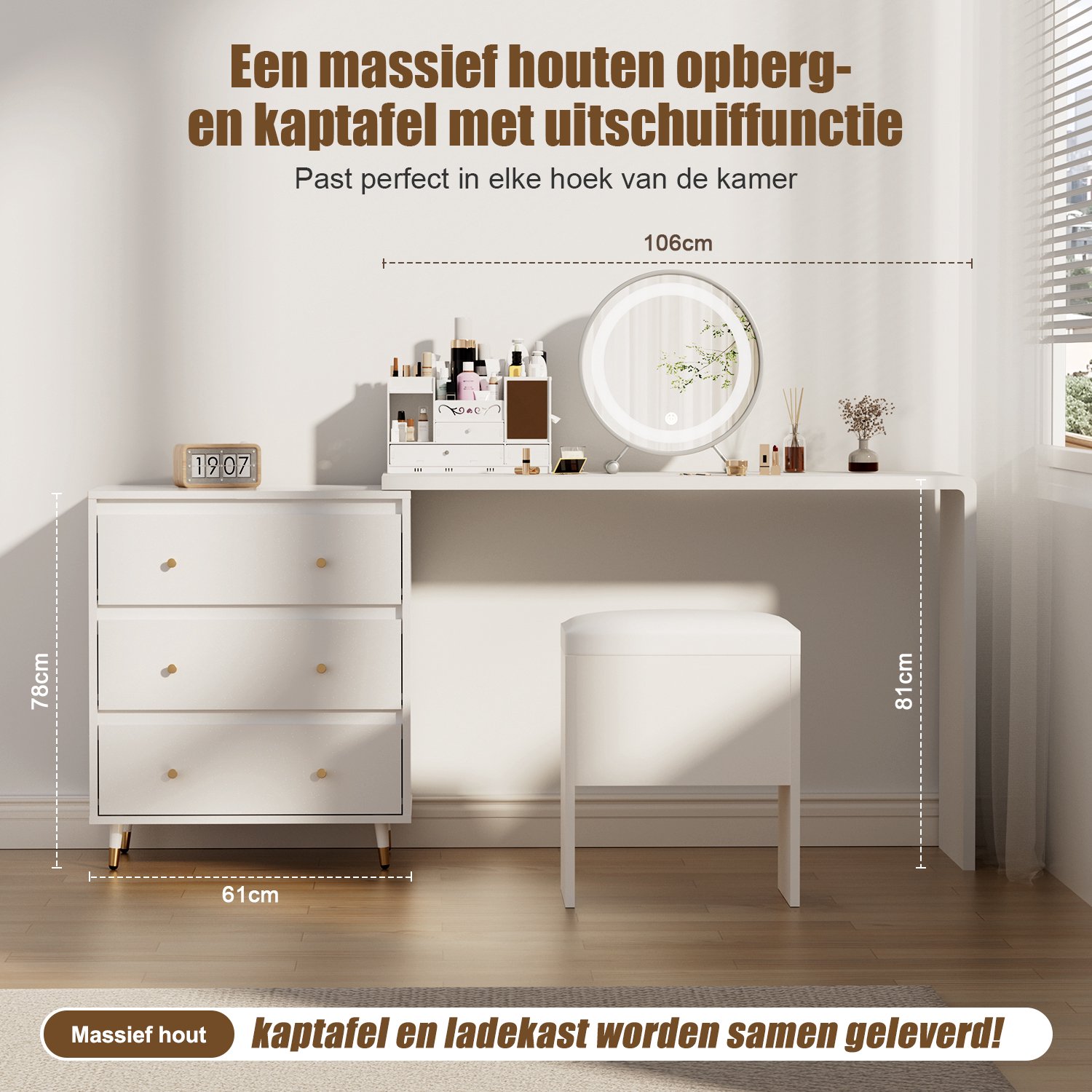 Lexzurn Ladekast 3 lades - wit - massief houten ecoplaat - opbergkast voor de slaapkamer
