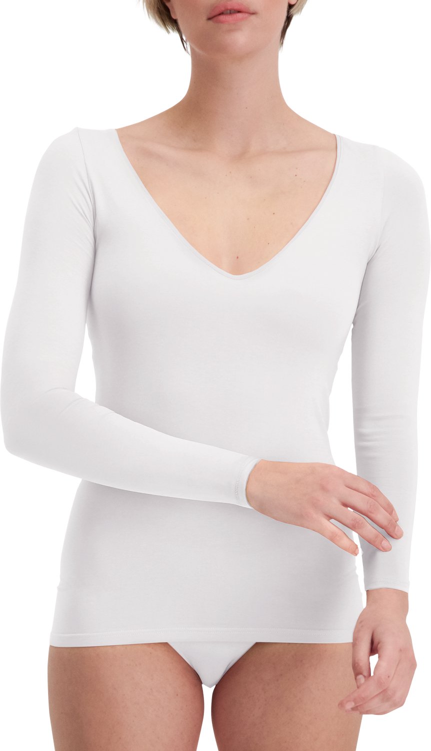 Noshirt Long Sleeve - Lite Cotton - Dames Ondershirt - Wit - Deep V - Maat M
