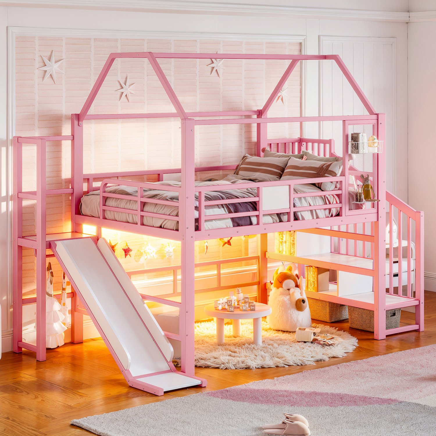 Wishdor Hoogslaper 140 x 200 cm - Huisvorm met glijbaan en trap - LED-verlichting via Bluetooth - Opbergruimte en speelzone - Kinderkamer - MDF en metaal - Roze