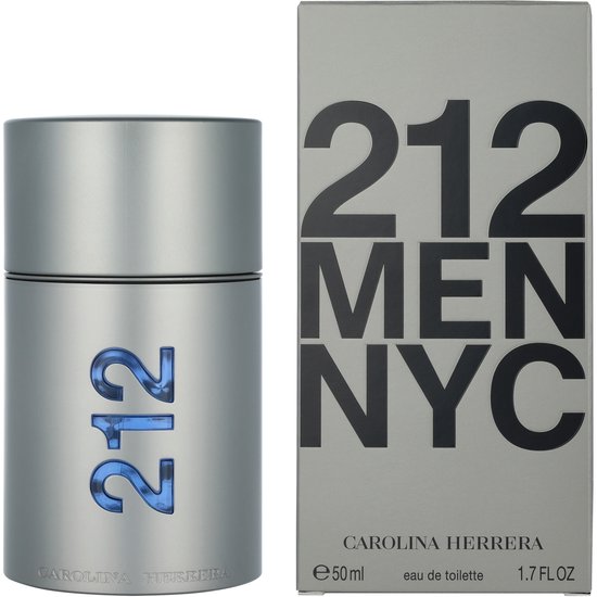 Zilverkleurige flacon met blauw 212-logo en doos met de tekst Carolina Herrera 212 Men NYC eau de toilette 50 ml.