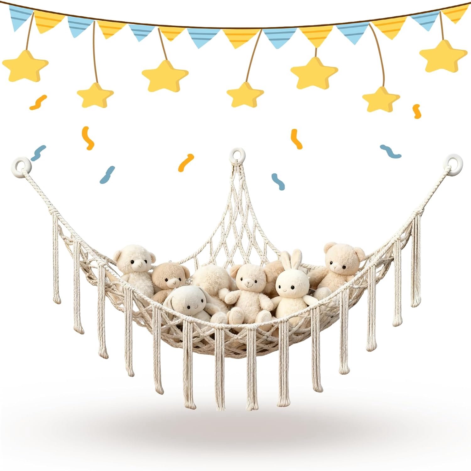 opbergnet knuffeldieren 142 x 102 x 102 cm - boho macramé - hangend speelgoed - ruimtelijke oplossing voor kinderkamer - Vemera