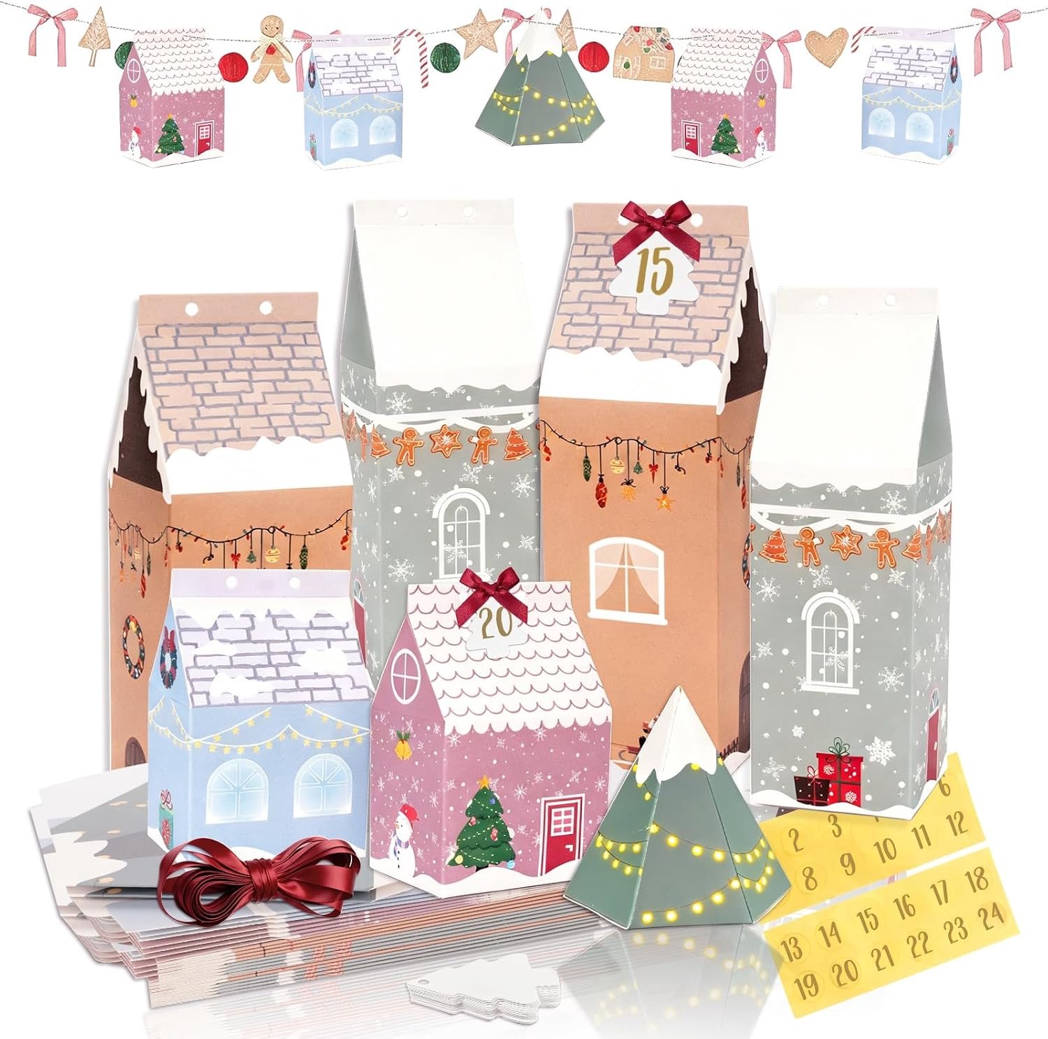 Adventskalender om te vullen 24 stuks - huisjes met geschenkdozen - rode linten - persoonlijke kerstdecoratie - m-winkel