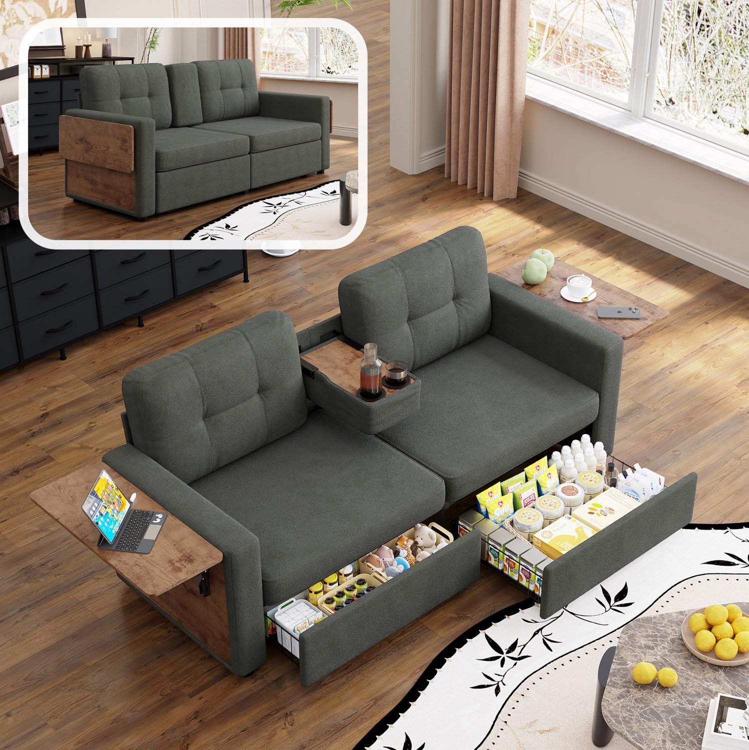 STILVORA Slaapbank 178 Cm - 2-Zits Met Verstelbare Laptoptafel, Bekerhouders En Opberglades - Voor Woonkamer - Chenille Donkergrijs