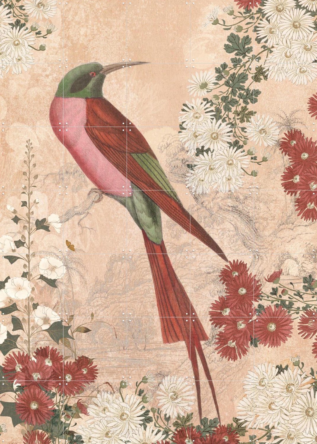 IXXI Japanese Floral Blossom And Red Tropical Bird, Bloomery Decor - 100 x 140 cm - Grote wanddecoratie en posters - Vintage, Decoratieve kunsten Beige / Rood / Groen
