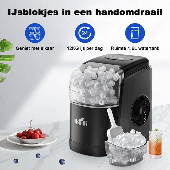 Bardi IJsblokjesmachine Set - 1.6L Zwart - Zelfreinigingsfunctie - IJsblokmaker met IJsschep -met IJsschep - Inclusief Luxe 3 Thermosbekers en Ijsschep- Grijs — afbeelding 3