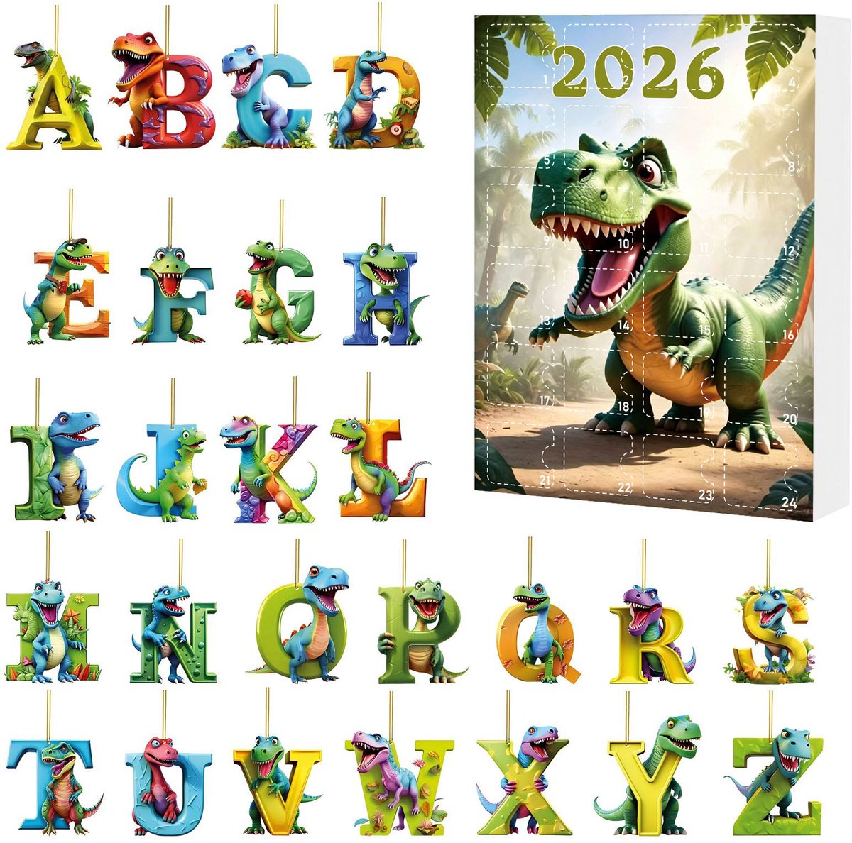 Kerst Aftelkalender - Decoratieve Dozen - Feestelijke Vulling - Dinosaurus Motief - 24 Stuks - Multicolor