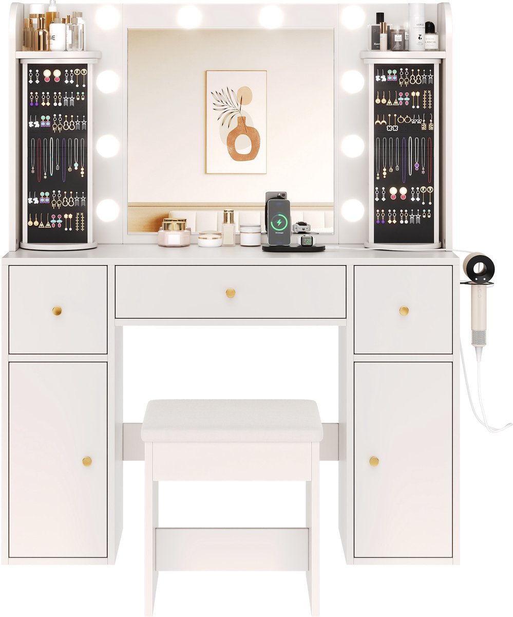 Kaptafel Met Spiegel - Dimbare Ledverlichting, Draaibare Sieradenorganizer En USB-C Laadstation - Drie Lades - Wit Spaanplaat