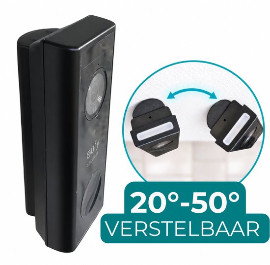 Zwarte deurbelbeugel gemonteerd op een muur, met een cirkel die de instelbare hoek van 20° tot 50° toont.