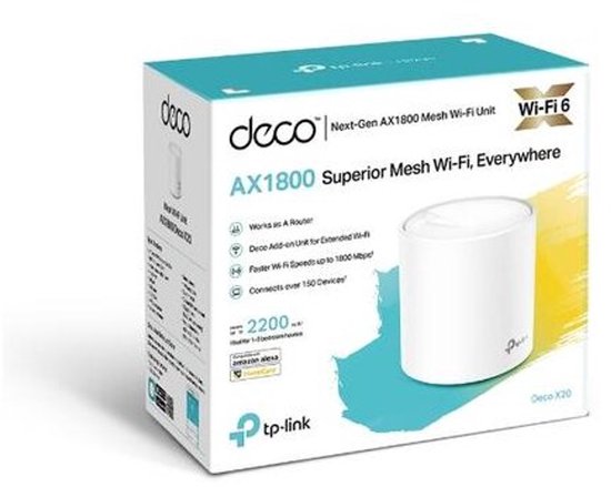 De verpakking van de TP-Link Deco X20 AX1800 mesh wifi unit, met afbeeldingen van de unit en specificaties.