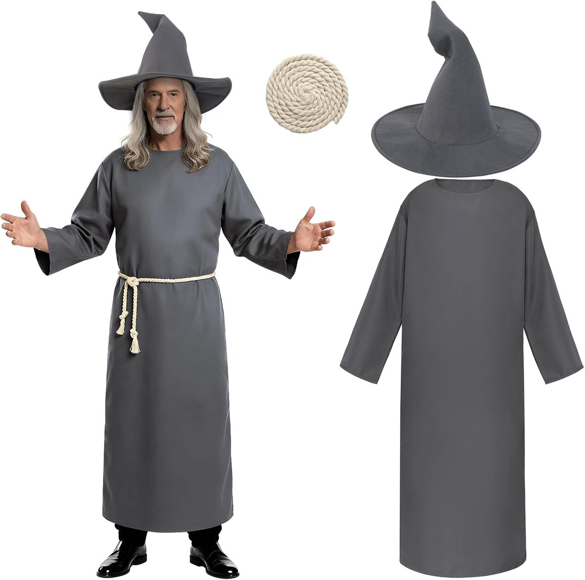 Tovenaarskostuum voor heren, carnavalskostuums voor volwassenen, tovenaarset, 3-delig, met gewaad, tovenaarshoed, riem voor Halloween, carnaval en themafeesten (grijs)