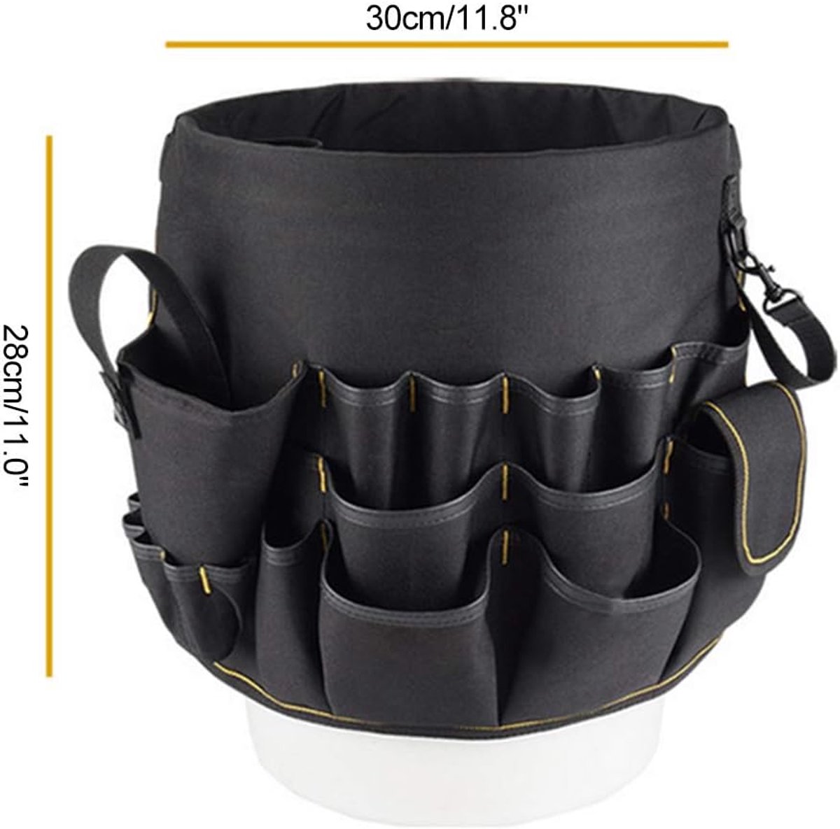 Heavy Duty Tuingereedschap Emmer Organizer met 56 Zakken, Waterdichte 600D Oxford Doek Gereedschapsset Houder voor Tuin Gazon, max. 10 Kg Laadvermogen (BLACK)