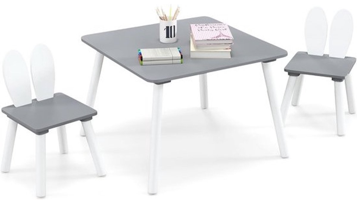 Houten kindertafel - Set met 2 stoelen - Leuk design - Met oren - Voor kinderkamer en speelhoek