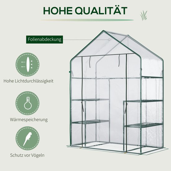 Een transparante foliekas met groen frame, met informatie over de folieafdekking en vogelbescherming.
