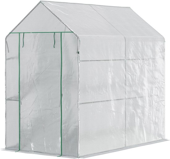 Polytunnelkas met 4 schappen, witte PE-afdekking en groene accenten, op witte achtergrond.